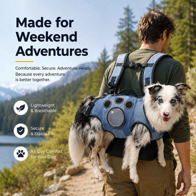 Paws in Awe PawLift Denim Hands-Free Dog Carrier Backpack Harness for Walks, Shopping & Outdoor Trips - Carry Tired Dogs Without Arm Strain