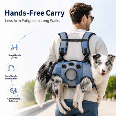 Paws in Awe PawLift Denim Hands-Free Dog Carrier Backpack Harness for Walks, Shopping & Outdoor Trips - Carry Tired Dogs Without Arm Strain