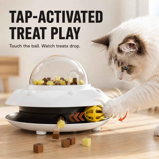 Paws in Awe PawOrbit UFO Motion-Activated Cat Treat Dispenser Toy - Interactive Puzzle Feeder for Indoor Cats, Keeps Cats Busy While You Work