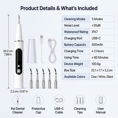 Ultrasonic Pet Dental Cleaner for Dogs & Cats with 5 Cleaning Modes, LED Light & USB-C Rechargeable Design