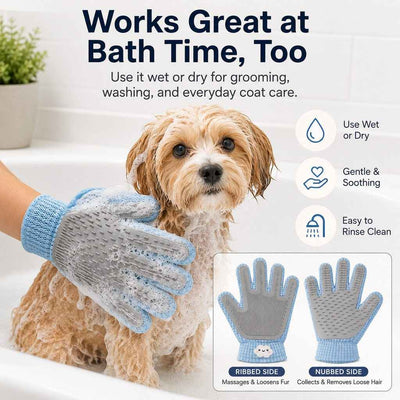Paws in Awe Dual-Sided Pet Grooming Glove for Couch & Bath Time - Gentle Deshedding, Massage & Fur Cleanup for Cats &Dogs
