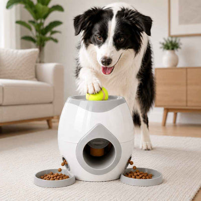 Paws in Awe Ball-Activated Dog Puzzle Feeder for Indoor Play & Slow Eating - Interactive Treat Dispenser Toy with Tennis Balls, Side Trays & Scoop