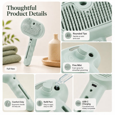 Komavic Pet Spray Grooming Brush for Cats & Dogs - Gentle Mist De-Shedding Comb for Loose Fur, Flying Hair & Daily Coat Care