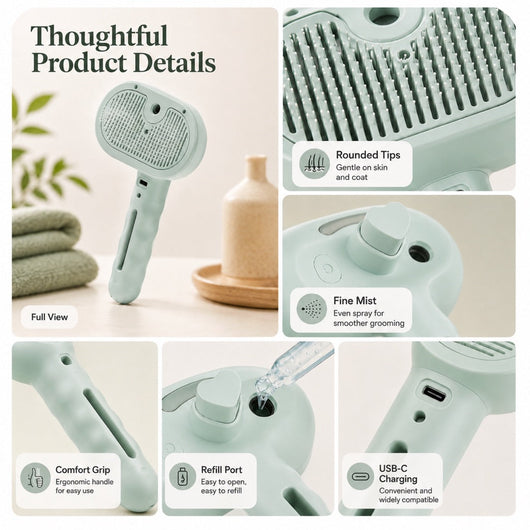 Komavic Pet Spray Grooming Brush for Cats & Dogs - Gentle Mist De-Shedding Comb for Loose Fur, Flying Hair & Daily Coat Care