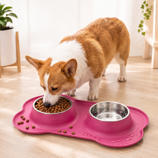 Spill-Proof Dual Pet Bowl with Raised Silicone Mat