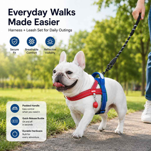 Paws in Awe No-Choke French Bulldog Harness & Leash Set for Daily Walks - Reflective, Easy-Control Fit for Broad-Chest Dogs
