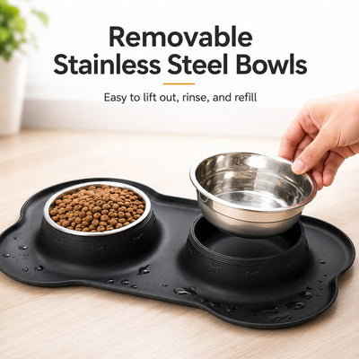 Spill-Proof Dual Pet Bowl with Raised Silicone Mat