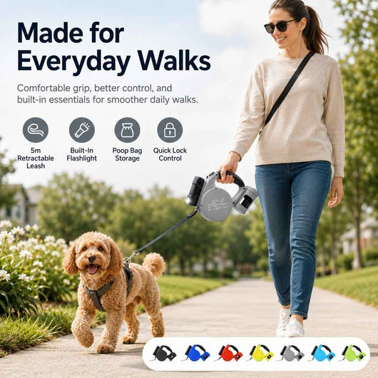Paws in Awe 3-in-1 Retractable Dog Leash for Night Walks - Built-In Flashlight & Poop Bag Holder for Easier, Cleaner Walks