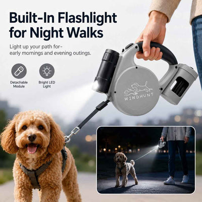 Paws in Awe 3-in-1 Retractable Dog Leash for Night Walks - Built-In Flashlight & Poop Bag Holder for Easier, Cleaner Walks