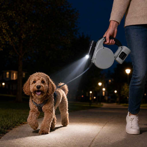 Paws in Awe 3-in-1 Retractable Dog Leash for Night Walks - Built-In Flashlight & Poop Bag Holder for Easier, Cleaner Walks