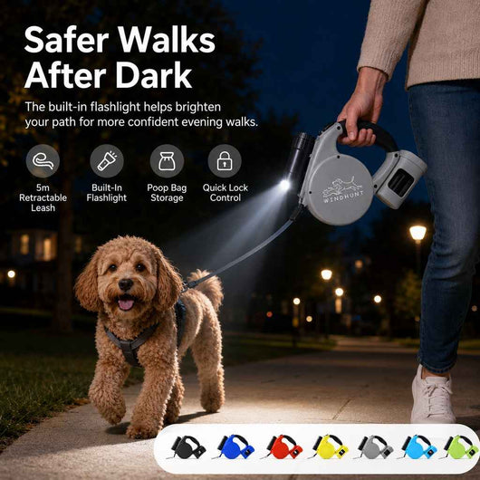 Paws in Awe 3-in-1 Retractable Dog Leash for Night Walks - Built-In Flashlight & Poop Bag Holder for Easier, Cleaner Walks