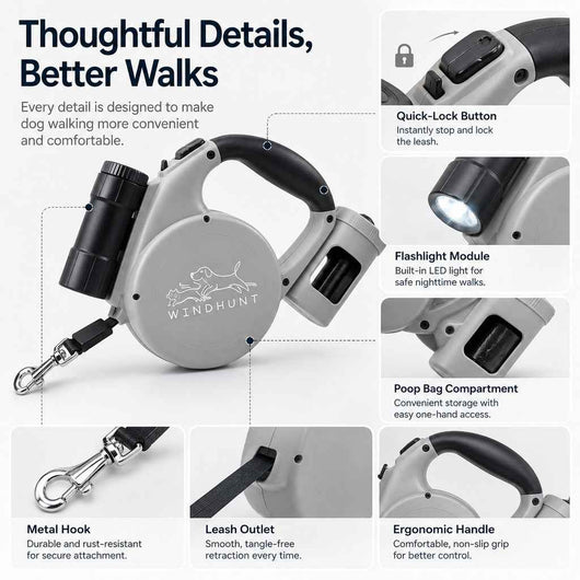 Paws in Awe 3-in-1 Retractable Dog Leash for Night Walks - Built-In Flashlight & Poop Bag Holder for Easier, Cleaner Walks