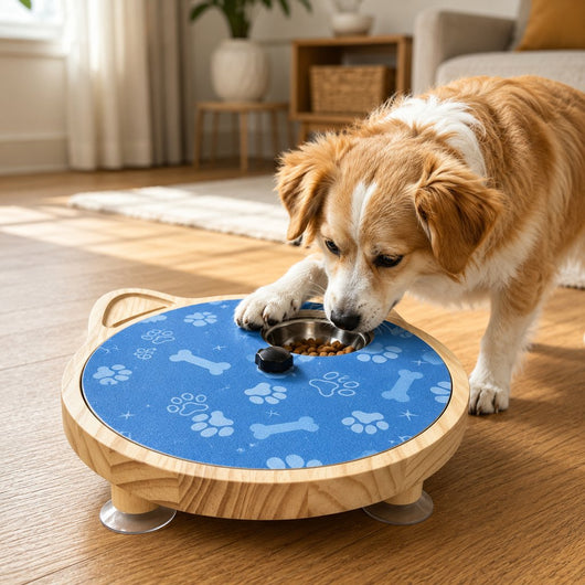 A tan and white dog is eating from a round elevated pet feeder with a blue paw-print mat and wooden base, placed on a wooden floor in a bright living room.