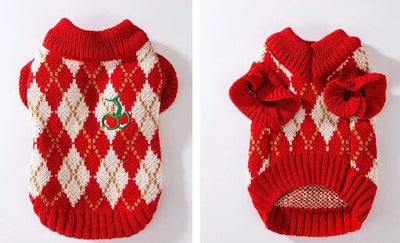 Komavic Red Argyle Christmas Dog Sweater with Cherry Embroidery