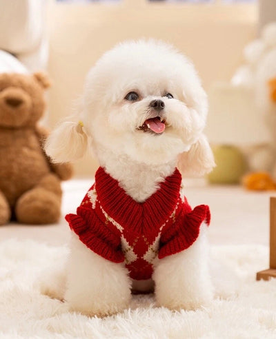 Komavic Red Argyle Christmas Dog Sweater with Cherry Embroidery