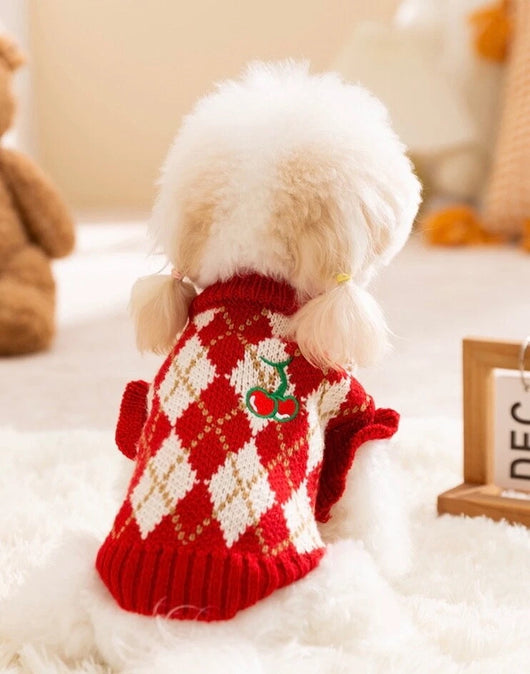 Komavic Red Argyle Christmas Dog Sweater with Cherry Embroidery