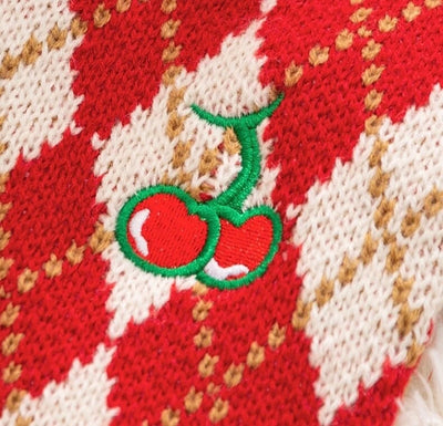 Komavic Red Argyle Christmas Dog Sweater with Cherry Embroidery