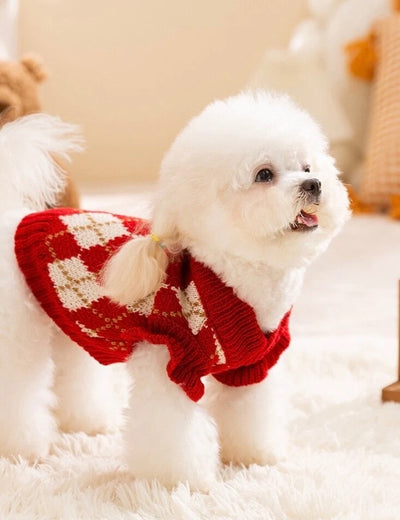 Komavic Red Argyle Christmas Dog Sweater with Cherry Embroidery