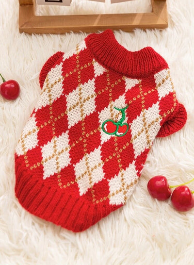 Komavic Red Argyle Christmas Dog Sweater with Cherry Embroidery