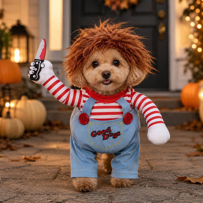 Komavic Scary Doll Dog Halloween Costume with Wig & Toy Knife – 3-Piece Walking Illusion Set for Trick-or-Treating & Parties