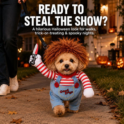 Komavic Scary Doll Dog Halloween Costume with Wig & Toy Knife – 3-Piece Walking Illusion Set for Trick-or-Treating & Parties