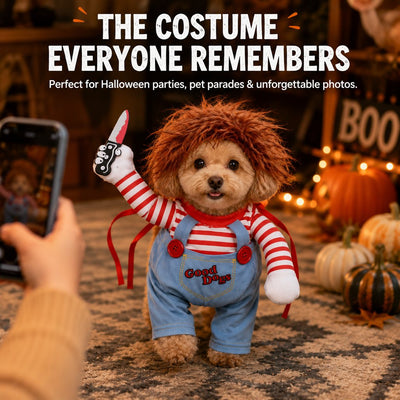 Komavic Scary Doll Dog Halloween Costume with Wig & Toy Knife – 3-Piece Walking Illusion Set for Trick-or-Treating & Parties
