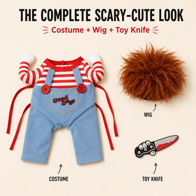 Komavic Scary Doll Dog Halloween Costume with Wig & Toy Knife – 3-Piece Walking Illusion Set for Trick-or-Treating & Parties