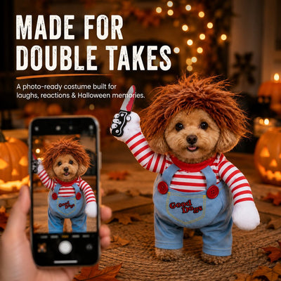 Komavic Scary Doll Dog Halloween Costume with Wig & Toy Knife – 3-Piece Walking Illusion Set for Trick-or-Treating & Parties