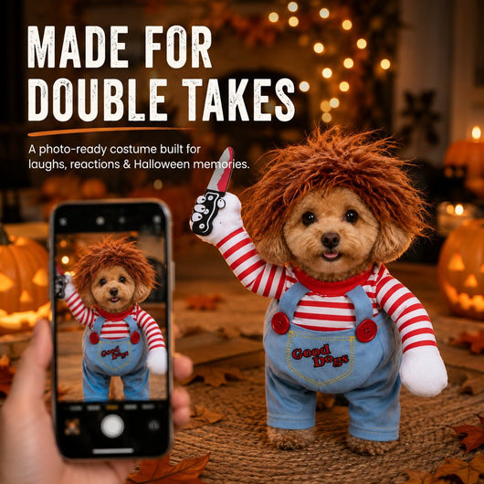 Komavic Scary Doll Dog Halloween Costume with Wig & Toy Knife – 3-Piece Walking Illusion Set for Trick-or-Treating & Parties