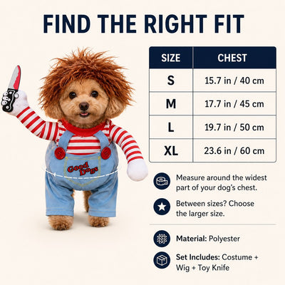 Komavic Scary Doll Dog Halloween Costume with Wig & Toy Knife – 3-Piece Walking Illusion Set for Trick-or-Treating & Parties