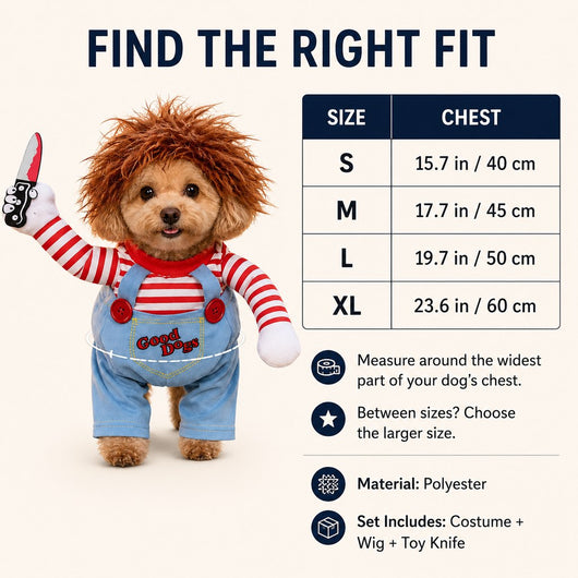 Komavic Scary Doll Dog Halloween Costume with Wig & Toy Knife – 3-Piece Walking Illusion Set for Trick-or-Treating & Parties