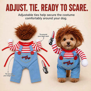 Komavic Scary Doll Dog Halloween Costume with Wig & Toy Knife – 3-Piece Walking Illusion Set for Trick-or-Treating & Parties