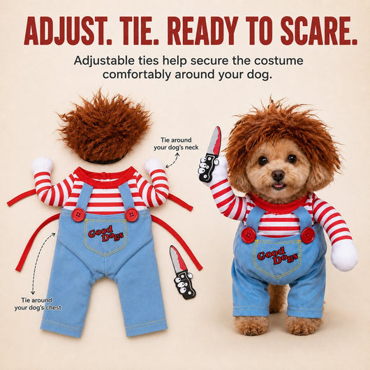 Komavic Scary Doll Dog Halloween Costume with Wig & Toy Knife – 3-Piece Walking Illusion Set for Trick-or-Treating & Parties