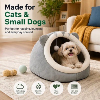 Komavic Semi-Enclosed Plush Pet Bed for Cats & Small Dogs