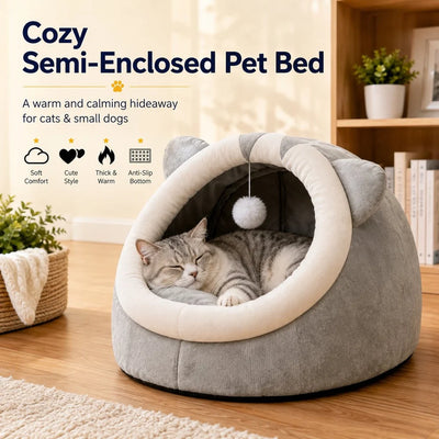 Komavic Semi-Enclosed Plush Pet Bed for Cats & Small Dogs