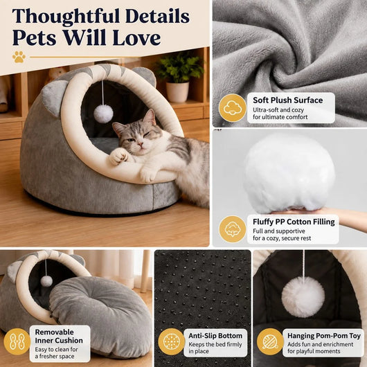 Komavic Semi-Enclosed Plush Pet Bed for Cats & Small Dogs