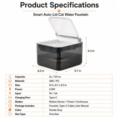 Komavic Smart Auto-Lid Cat Water Fountain for Busy Cat Parents - 3L Cordless Pet Water Dispenser with Dust Cover, Motion Sensor & Type-C Charging