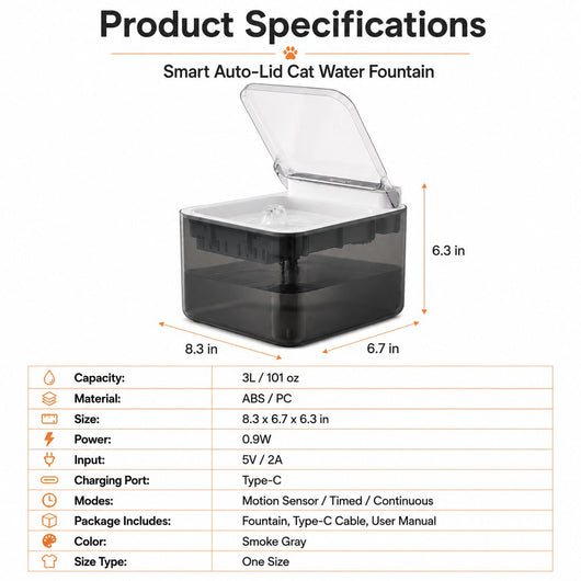 Komavic Smart Auto-Lid Cat Water Fountain for Busy Cat Parents - 3L Cordless Pet Water Dispenser with Dust Cover, Motion Sensor & Type-C Charging