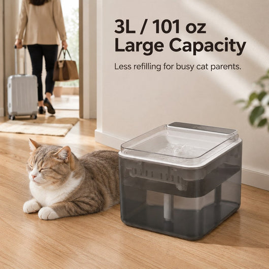 Komavic Smart Auto-Lid Cat Water Fountain for Busy Cat Parents - 3L Cordless Pet Water Dispenser with Dust Cover, Motion Sensor & Type-C Charging
