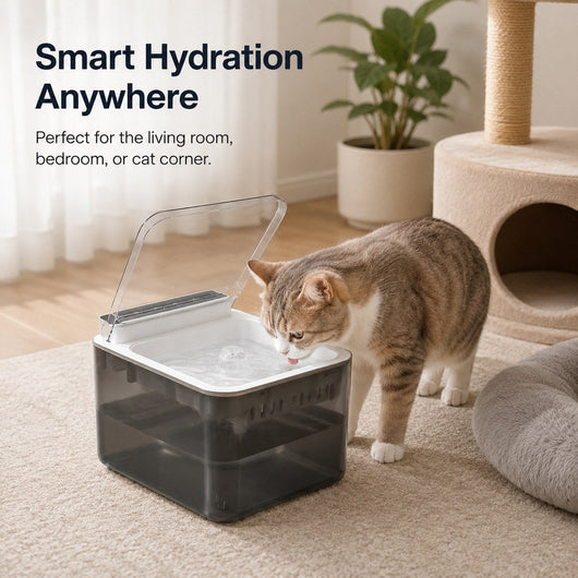 Komavic Smart Auto-Lid Cat Water Fountain for Busy Cat Parents - 3L Cordless Pet Water Dispenser with Dust Cover, Motion Sensor & Type-C Charging