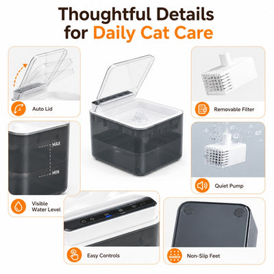Komavic Smart Auto-Lid Cat Water Fountain for Busy Cat Parents - 3L Cordless Pet Water Dispenser with Dust Cover, Motion Sensor & Type-C Charging