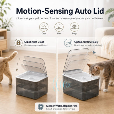 Komavic Smart Auto-Lid Cat Water Fountain for Busy Cat Parents - 3L Cordless Pet Water Dispenser with Dust Cover, Motion Sensor & Type-C Charging