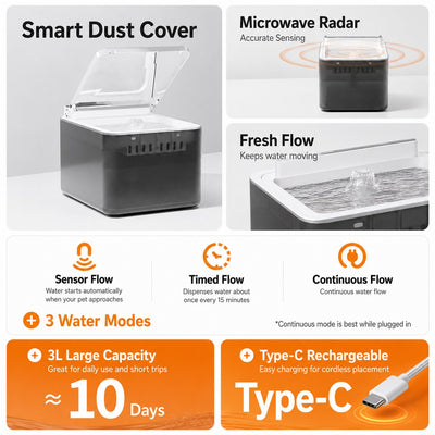 Komavic Smart Auto-Lid Cat Water Fountain for Busy Cat Parents - 3L Cordless Pet Water Dispenser with Dust Cover, Motion Sensor & Type-C Charging