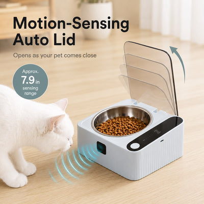 Komavic Smart Motion Sensor Covered Cat Bowl for Cleaner Indoor Feeding - Auto Open Lid Helps Keep Food Covered from Dust, Hair & Flies