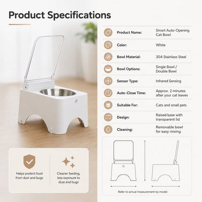 Komavic Smart Auto-Opening Covered Cat Bowl for Cleaner Indoor Feeding - Rechargeable Dustproof Cat Feeder