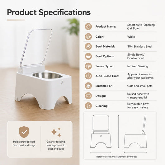 Komavic Smart Auto-Opening Covered Cat Bowl for Cleaner Indoor Feeding - Rechargeable Dustproof Cat Feeder