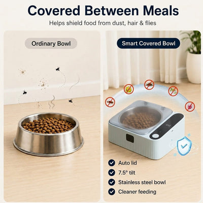 Komavic Smart Motion Sensor Covered Cat Bowl for Cleaner Indoor Feeding - Auto Open Lid Helps Keep Food Covered from Dust, Hair & Flies