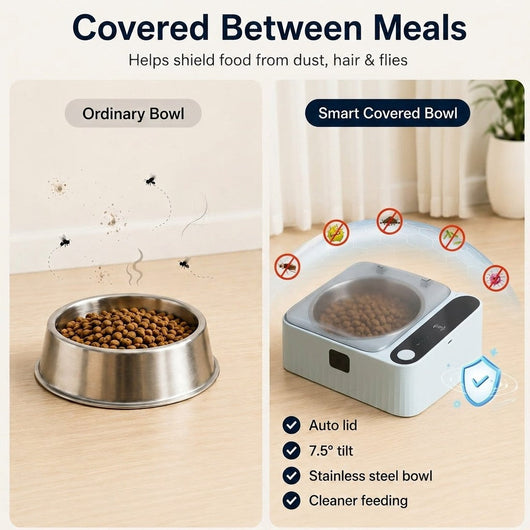 Komavic Smart Motion Sensor Covered Cat Bowl for Cleaner Indoor Feeding - Auto Open Lid Helps Keep Food Covered from Dust, Hair & Flies
