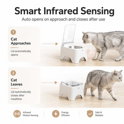 Komavic Smart Auto-Opening Covered Cat Bowl for Cleaner Indoor Feeding - Rechargeable Dustproof Cat Feeder