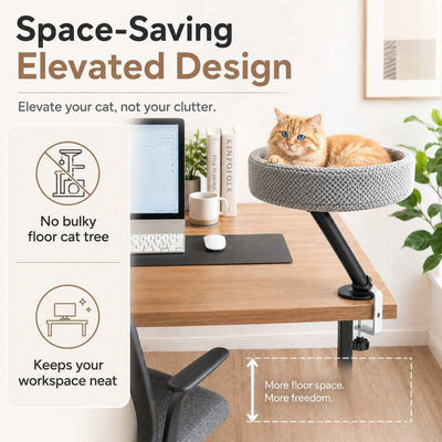 Paws in Awe Desk Mounted Cat Bed Perch for Home Office - Space Saving Elevated Cat Lounger with Soft Breathable Fabric for Cats to Relax Beside Your Workspace